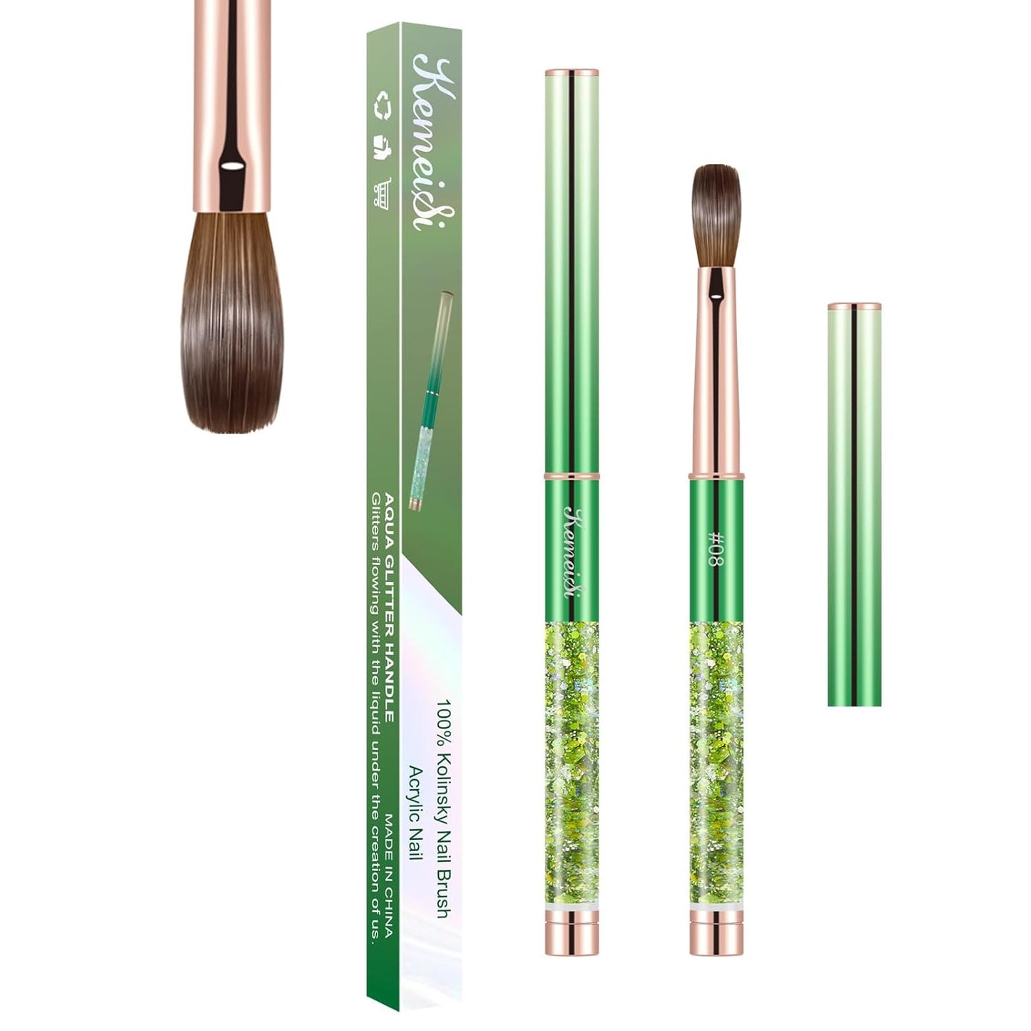 Acrylic Nail Brush Size #08, KEMEISI 100% Pure Kolinsky Nail Art Brushes Sturdy Handle Oval Shaped Acrylic Powder Nail Design Tools for Professional Manicure DIY Home Salon (Green)