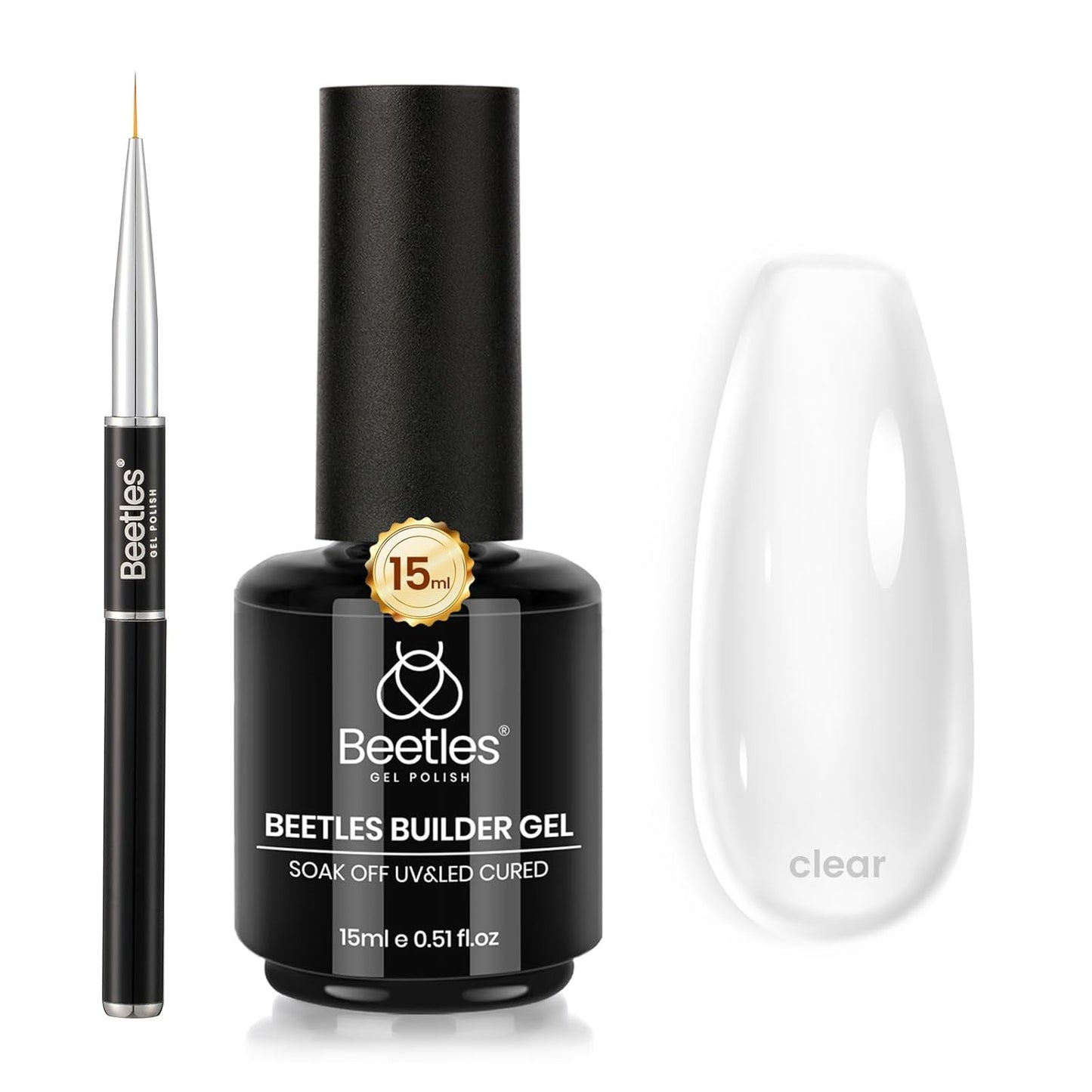 Beetles Builder Gel for Nails Low Heat, 0.5 oz 7 in 1 Clear Strengthener Gel with Liner Nail Brush for Nail Apex & Extension Strengthener Thickening Weak &Thin Nails Beauty Gift Sets for Women