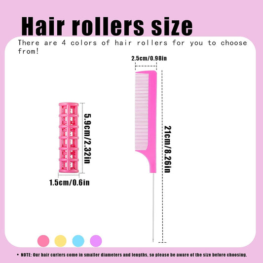 28PCS Self Grip Small Hair Rollers Set, 0.6in Plastic No Heat Roller Hair Curlers with Comb Heatless Clips for Short Fine Thin Hair(Pink)