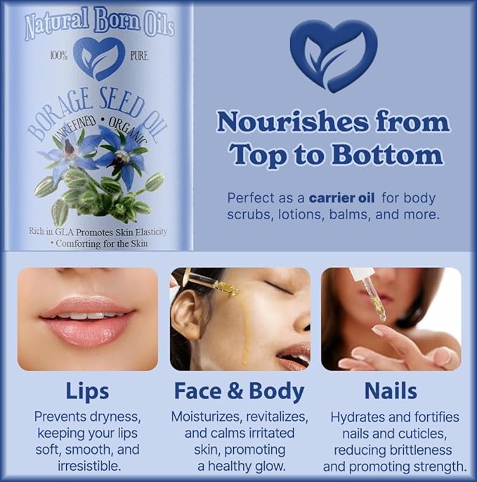 Natural Born Oils Borage Seed Oil, 1 Gallon, Organic, Cold-Pressed, High GLA, Vitamins & Minerals, Deep Skin Nourishment, Hair Vitality