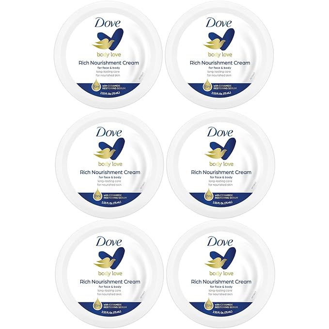 Dove Body Love Rich Nourishment Cream, Face, Hand & Body Lotion for Extremely Dry Skin, Fast-Absorbing 72-Hour Moisturizing Cream with Ceramide Serum, Travel Size, 2.53 Oz (Pack of 6)