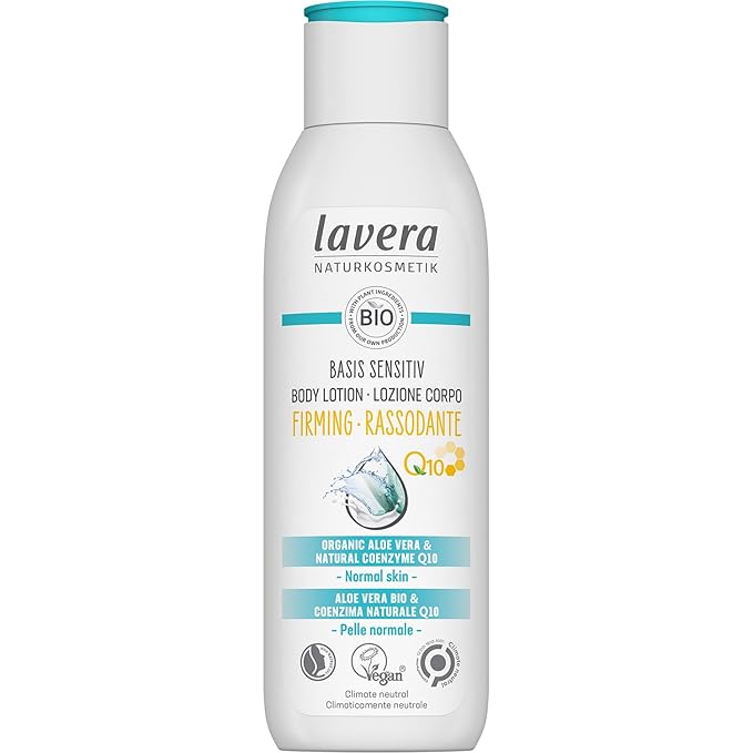 lavera basis sensitiv Body Lotion Firming - organic aloe vera & natural coenzyme Q10 - improved skin elasticity in 14 days - PETA certified - biodegradable - vegan - natural cosmetics - 8,45 fl.oz.