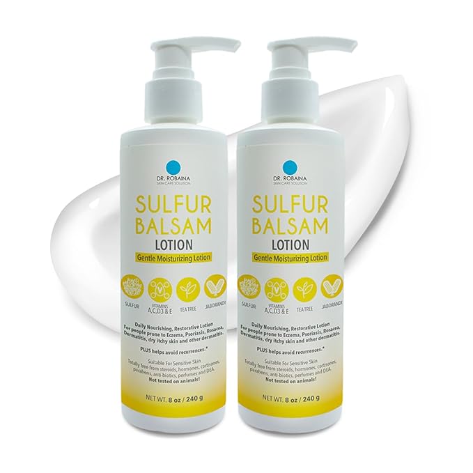 Dr. Robaina Sulfur Balsam Lotion – Daily Moisturizing Lotion for Eczema and Psoriasis Relief – Soothes Redness, Hydrates Sensitive Skin – Natural Ingredients – Made in the USA (Pack of 2)
