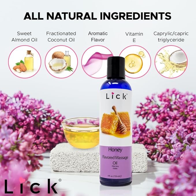 Honey Flavored Massage Oil for Couples – Edible Massaging Lotion with Vitamin E and Sweet Almond and Coconut Oil is Non Sticky and Gentle on Skin – Natural, Relaxing and Vegan Friendly (4 oz)