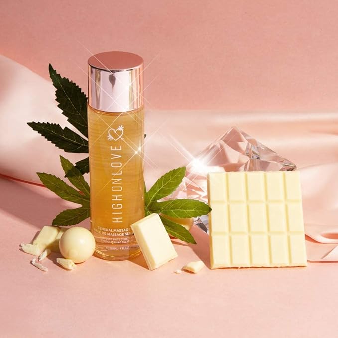 HIGHONLOVE Natural Body Oil with Hemp Seed, Grape Seed, and Vitamin E Oil - Moisturizing Body Oil, Non-Greasy, Glowy Finish (120 ml) (Decadent White Chocolate)