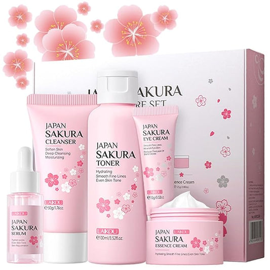Skincare Gift Set Sakura Skin Care Travel Kit with Cleanser, Toner, Serum, Eye Cream, Face Cream for Women Girls (5pcs)