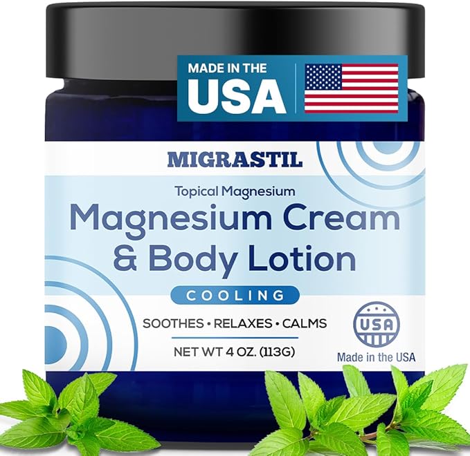 Cooling Magnesium Cream & Body Lotion - Promotes Sleep and Soothing Relief for Sore Muscles, Leg Discomfort, Etc. 4oz. Made in The USA.