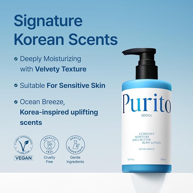 PURITO Luminous Moisture Shea Butter Body Lotion, Shea Butter, Gentle on Skin, Moisturizing, Dry Skin, Pump Bottle, K-Beauty, 300ml / 10.14 fl. oz. (Ocean Breeze, 10.14 fl. oz.)