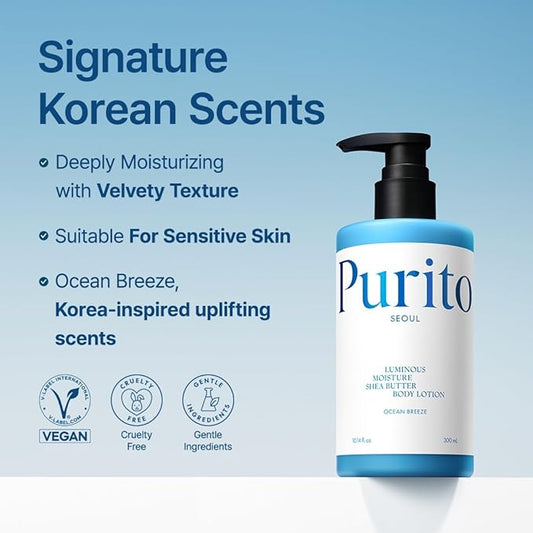 PURITO Luminous Moisture Shea Butter Body Lotion, Shea Butter, Gentle on Skin, Moisturizing, Dry Skin, Pump Bottle, K-Beauty, 300ml / 10.14 fl. oz. (Ocean Breeze, 10.14 fl. oz.)