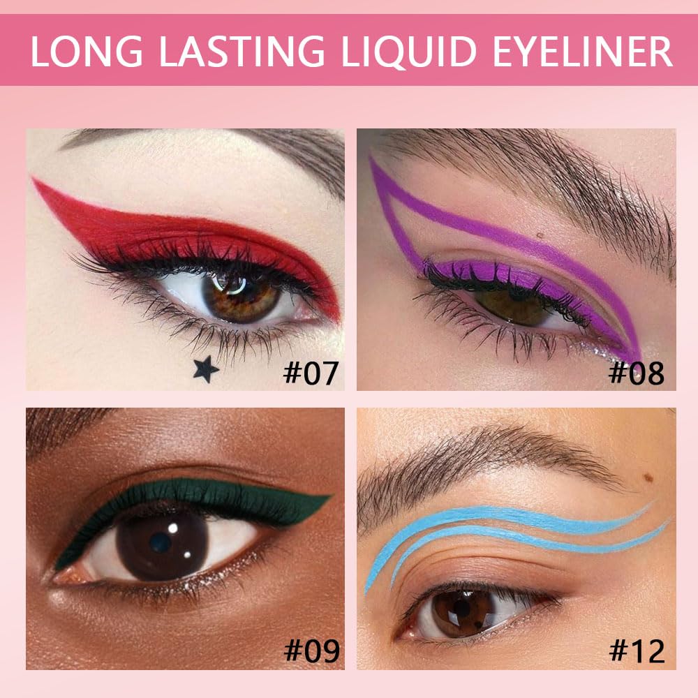evpct 6Pcs Dark Red Purple Dark Green Light Green Sky Blue Liquid Eyeliner Set Waterproof Eye Liners for Women, Eyes Wing Colored delineador de ojos a prueba de agua contra el agua blanco para ojos
