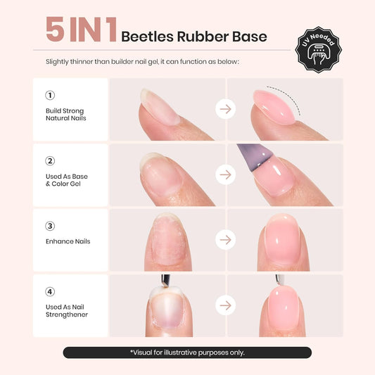 Beetles Rubber Base Color Gel Nail Polish, 6 Colors 5 IN 1 Nude Rubber Base Gel Neutral Sheer Pink Peach Glitter Nail Polish for Thin Nails Soak Off Nail Art Design Gifs for Women