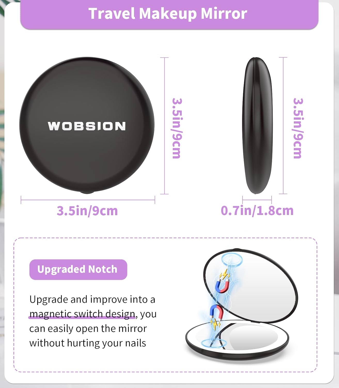 WOBSION Travel Compact Mirror,Portable 1x/10x LED Makeup Mirror with Magnification,Handheld 2-Sided Pocket Mirror, 3.5in Small Mirror for Purse,Handbag,Gift,Cyan&Black,2 Pack