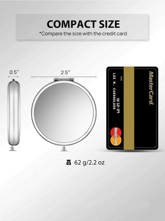 Compact Mirror for Purse, Double-Sided 1X/2X Magnifying Metal Pocket Makeup Mirrors(Round, Silver)