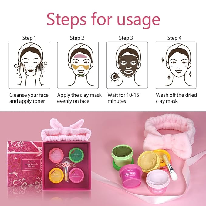 LIYALAN Face Clay Mask Set,Matcha Facial Mud,Eggplant Rose Face Skin Care, Turmeric Acne Facial Masks Gifts for Women, Deep Cleansing Pink 1.76 oz 4 pack