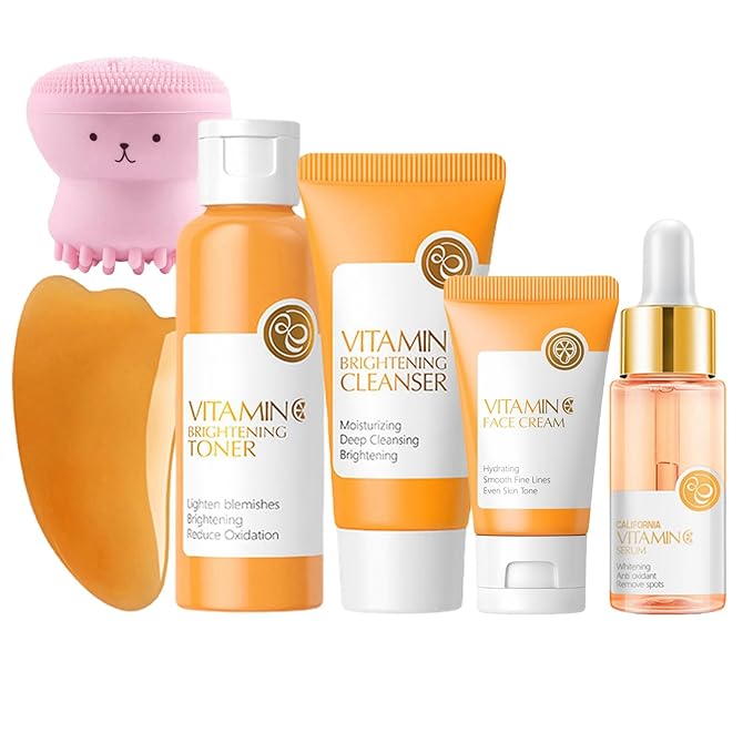Vitamin C Skincare Set Beauty Gift Sets, Travel Skin Care Coreano Kit - Toner, Serum, Cream, Cleanser & Brush, Guasha Board, Birthday Skin Care Kit For Teens, 6pcs Skin Care Routine Kit For Women