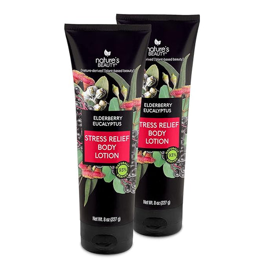 Nature's Beauty Elderberry Eucalyptus Stress Relief Body Lotion Multi-Pack - Lightweight, Non-Greasy Restore Moisturizer, Made w/Shea Butter, Avocado Oil and Sweet Almond Oil, 8 oz (2 Pack)