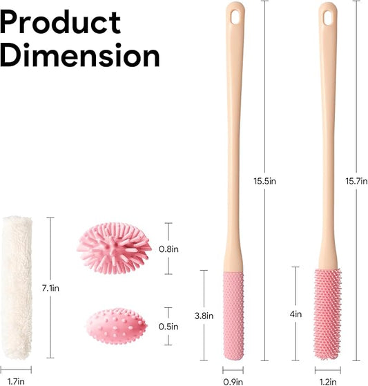 Shower Foot Scrubber Brush, 15.7" Toe Cleaning Brush with 4 Reusable Drying Covers, Long Handle Silicone Bristles Lotion Applicator, No Bending Down Skin Exfoliation Foot Scrub Brushes for Elderly