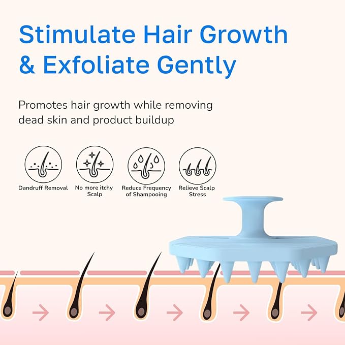 Silicone Scalp Scrubber - Massage Shampoo Brush, Soft Bristles for Hair Growth & Dandruff Removal - Ergonomic Design, Wet & Dry Use, Deep Cleansing Scalp Exfoliator for All Hair Types - Blue