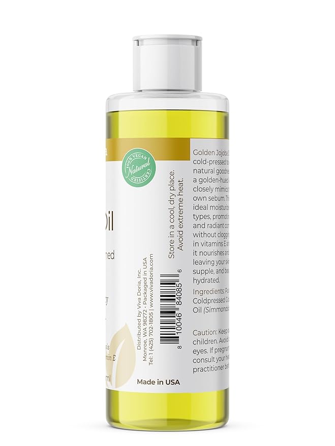 Viva Doria Golden Jojoba Oil - 8 fl oz for Hair, Skin, Nails, and More - 100% Pure Unrefined, Deeply Moisturizing Anti-Aging Oil for Men and Women