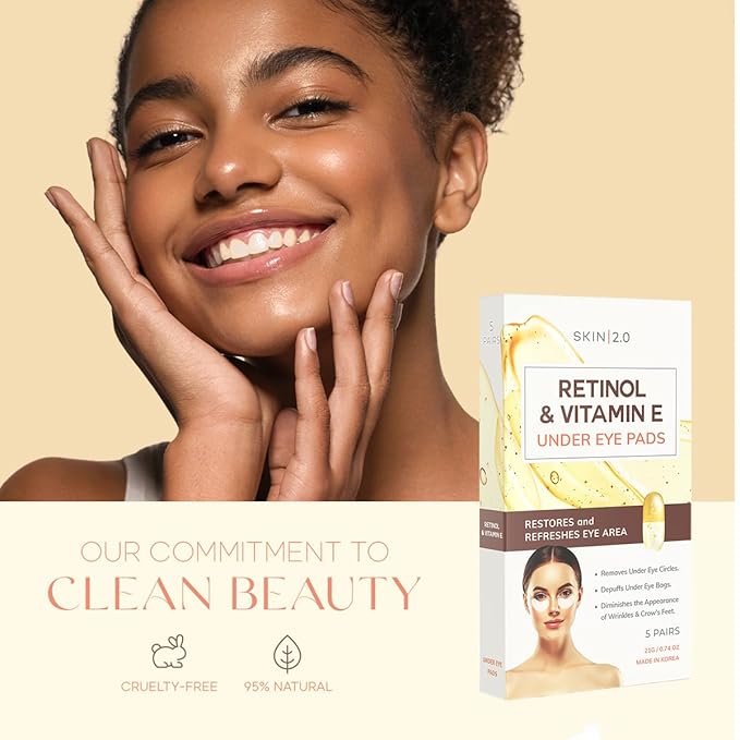 Retinol & Vitamin E Under Eye Patches - Dermatologist Tested - Anti-Aging - Depuffing, Reduce Fine Lines & Wrinkles, Dark Circles - Natural Ingredients - Korean Skin Care - All Skin Types - 5 Pairs