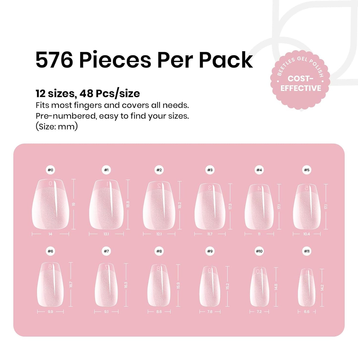 Beetles Gel Nail Tips Extra Short Coffin 576Pcs 12 Sizes - Pre-Etched Shaped Half Matte Soft Nail Tips Press On Nails Full Cover False Nails Acrylic Fake Nail Extension Kit Gift for Women