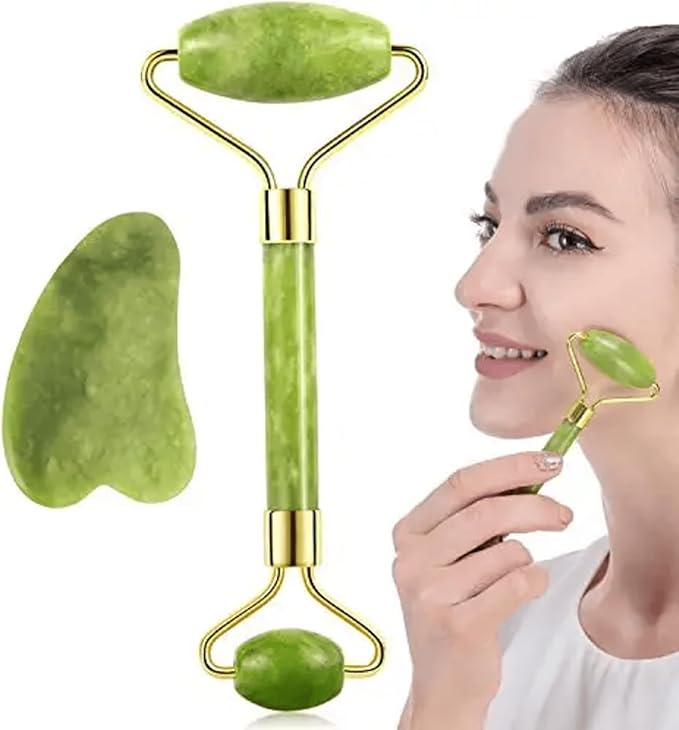 Gua Sha and Jade Roller Set for Facial Massage – Skin Care Tools to Reduce Puffiness and Redness, Perfect Self-Care Gift for Men and Women (Green)