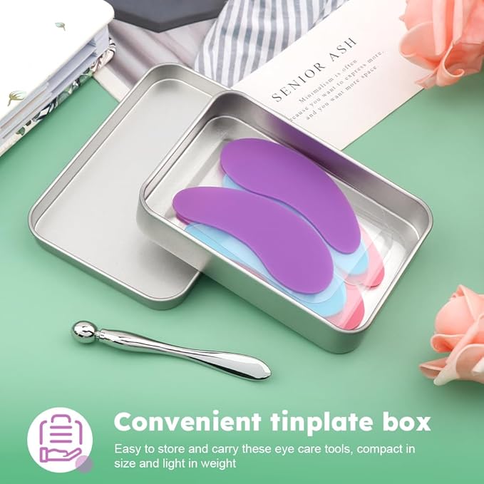 Bibabala Under Eye Patches Silicone Patch Set With Case Cream Applicator Reusable Silicone(Transparent Pink Blue Purple)