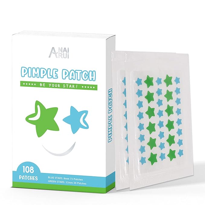 Star-Shaped Pimple Patch Hydrocolloid Acne Stickers with Tea Tree Oil + Salicylic Acid, Cover Dot for Acne Blemish, Pimples, Whiteheads, Zit, Draw out Oil & Impurities, 108 Dots, 12mm & 8mm