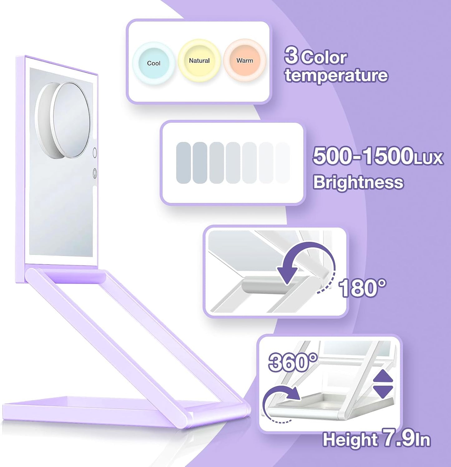 10X Magnifying Lighted Makeup Mirror, Rechargeable, ABS & Glass, Tabletop Mount, 3 Color Lighting, 1200mAh Battery