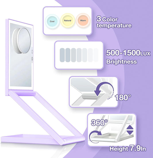 10X Magnifying Lighted Makeup Mirror, Rechargeable, ABS & Glass, Tabletop Mount, 3 Color Lighting, 1200mAh Battery