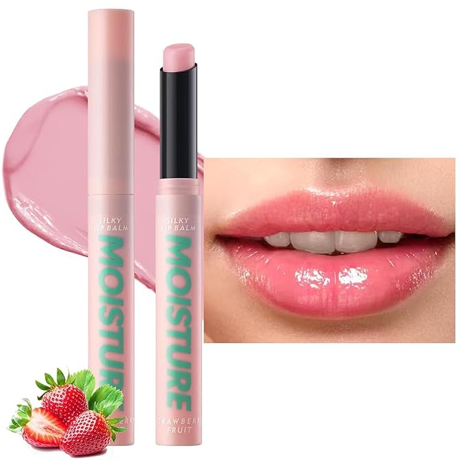 2 in 1 Moisturizing Tinted Lip Gloss Lip Balm Hydrating Glossy Hypoallergenic Natural Women Girls Teens Students Long Lasting Dry Lip Care Strawberries # 02