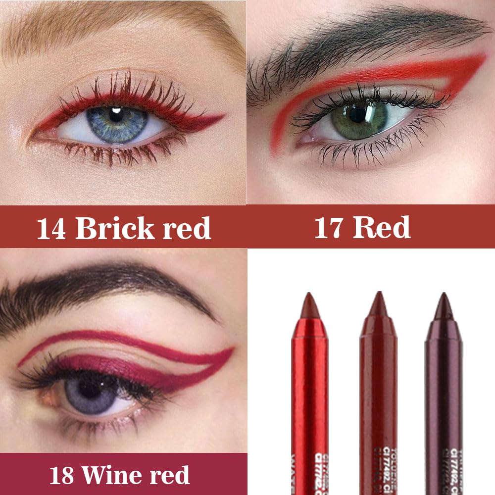 evpct 3Pcs Red & Ruby Red & Wine Red Gel Glitter Eyeliner Pencils Set for Women Waterproof Smudge Proof lapiz de ojos delineador de ojos contra el agua Eye Liner Makeup 14 17 18
