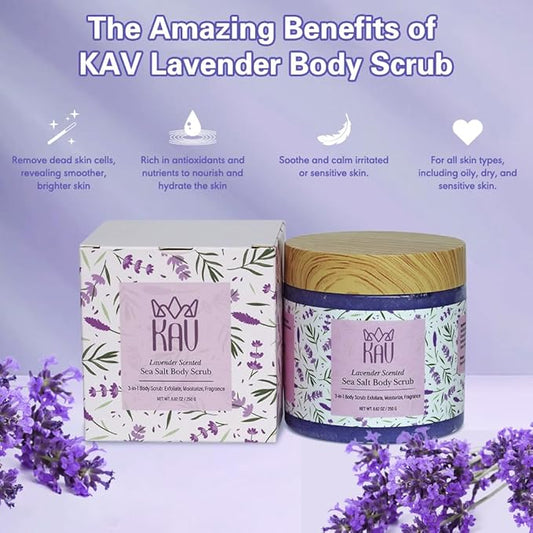 KAV Salt Body Scrub - Natural Exfoliating Salt Scrub for Body and Face, Helps with Moisturizing Skin, Dead Cell Removal, Rejuvenation and Relaxation, 4 Scents (Lavender)