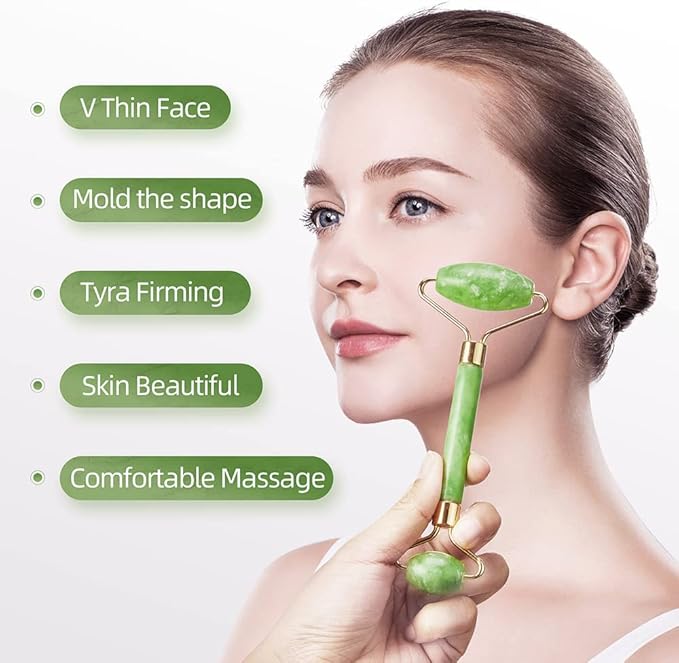 3-in-1 Natural Jade Roller and Gua Sha Set for Face and Eye Ice Roller Facial Cooling Massage Roller (Green Ice Roller + Jade Roller + Gua Sha)