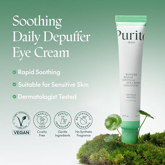 PURITO Centella Unscented Eye Cream, Korean Centella, for Sensitive Skin, Soothing, Facial Eye Cream for face, Dark Circles, Wrinkles, Puffiness, K-Beauty, Vegan & Cruelty-Free, 30ml 1fl.oz