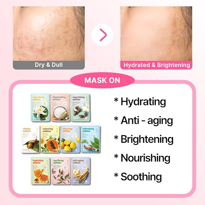 [MASK ON] Korean Moisturizing Face Masks Skincare (10 PACK) – Hydrating & Anti-aging Daily Care Facial Mask Bulk for All Skin Type with 10 Natural Ingredients - Great for Self care & Gift Box