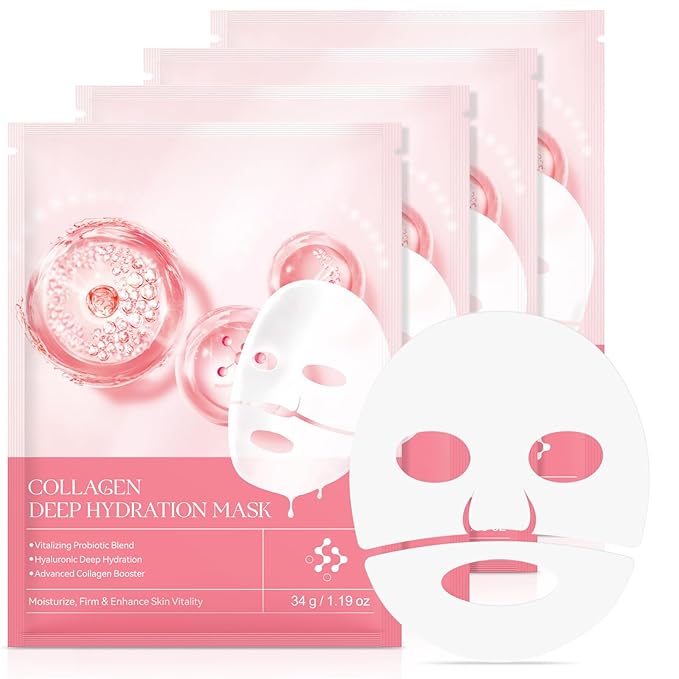 Collagen Face Mask, Hydrating Overnight Hydrogel Mask, Pore Minimizing, Elasticity Improvement, Firming, Moisturizing-4 Pack