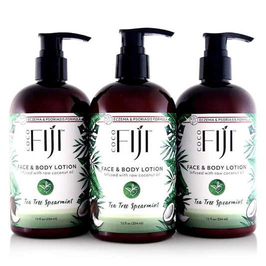 Coco Fiji Face & Body Lotion Infused With Coconut Oil | Lotion for Dry Skin | Moisturizer Face Cream & Massage Lotion for Women & Men | Tea Tree Spearmint 12 oz, Pack of 3