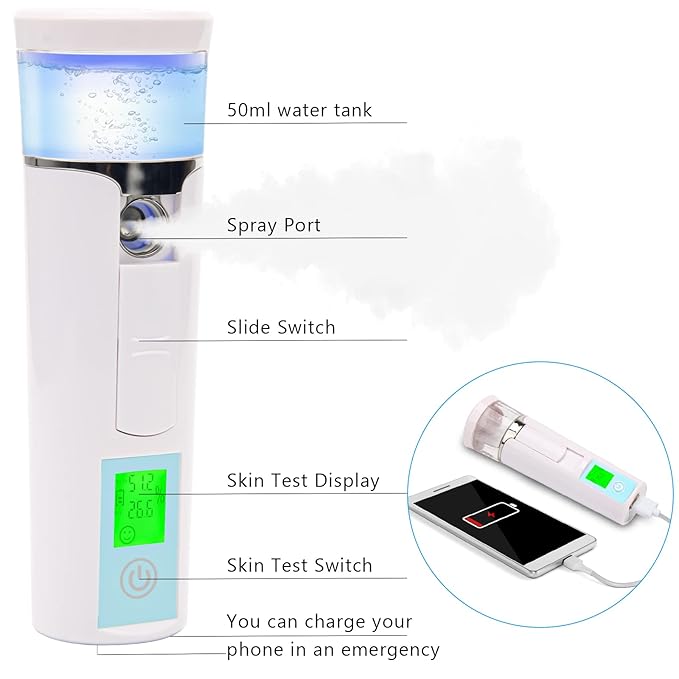 Nano Facial Mister, Mini Facial Steamer, Handy Moisturizing Mist Sprayer, Atomization Eyelash Extensions Skin Care Steamer, USB Rechargeable (Water Supplementer) (50ml)