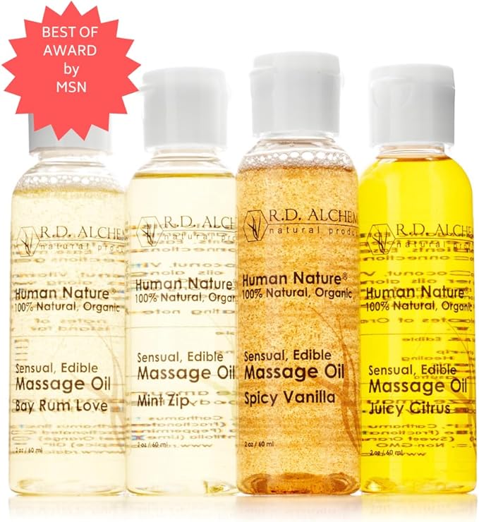 RD Alchemy - 100% Natural & Organic Edible Massage Oil Sample Pack. Contains All 4 Flavors - Bay Rum Love, Juicy Citrus, Spicy Vanilla, Mint Zip for Soothing Massage, Bath, Date Night and More!