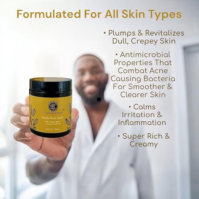 Bunda Body Butter Whipped Shea & Cocoa Butter Infused With Moringa Oleifera & Sodium Hyaluronate-Intense Hydration for Dry Crepey Skin 10.6oz