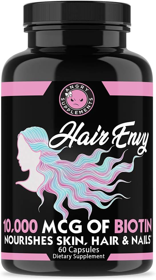 Angry Supplements Hair Envy 10,000 mcg Biotin + Keratin, Grow + Hydrate Hair, Strengthen Thicken Nails, Clear & Nourish Skin – Help Damaged Thinning Hair, (3-Bottles)