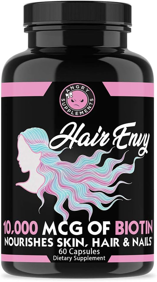 Angry Supplements Hair Envy 10,000 mcg Biotin + Keratin, Grow + Hydrate Hair, Strengthen Thicken Nails, Clear & Nourish Skin – Help Damaged Thinning Hair, (3-Bottles)