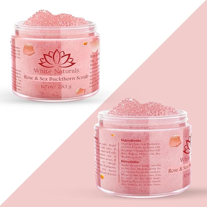 Organic Rose & Sea Buckthorn FACE & BODY SCRUB, Natural & Pure Exfoliating Scrub for Soft & Smooth Skin, Infused With Essential Oils, Moisturizer for Women & Men, Removes Blackheads, Acne & Dead Skin