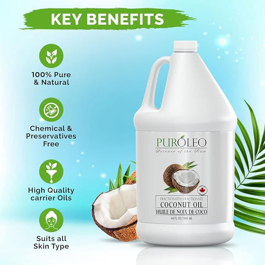 PUROLEO Fractionated Coconut Oil 64 Fl Oz/1900 ML (Packed in Canada) 100% Natural and odorless Moisturizer & Carrier Oil l Hair Skin Body, Aromatherapy, Massage, Makeup Remover