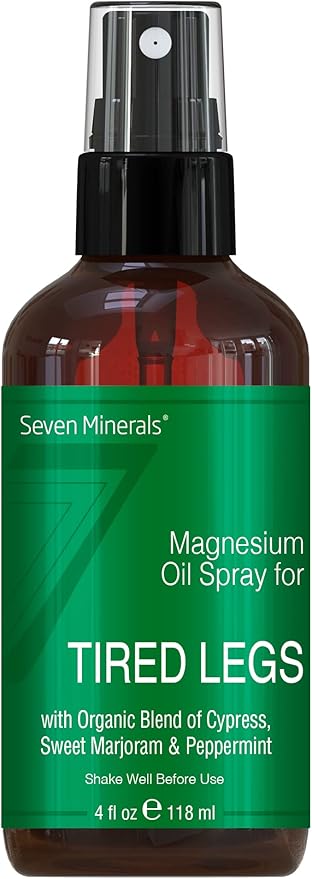 Seven Minerals Magnesium Oil Spray - Powerful USA Made Blend with Essential Oils (Cypress, Sweet Marjoram and Peppermint) - Free Ebook Included (4 fl oz)