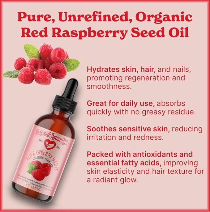 Natural Born Oils Red Raspberry Seed Oil, 4oz, Organic, Cold-Pressed, Packed with Antioxidants, Great for Skin Hydration, Hair Vitality