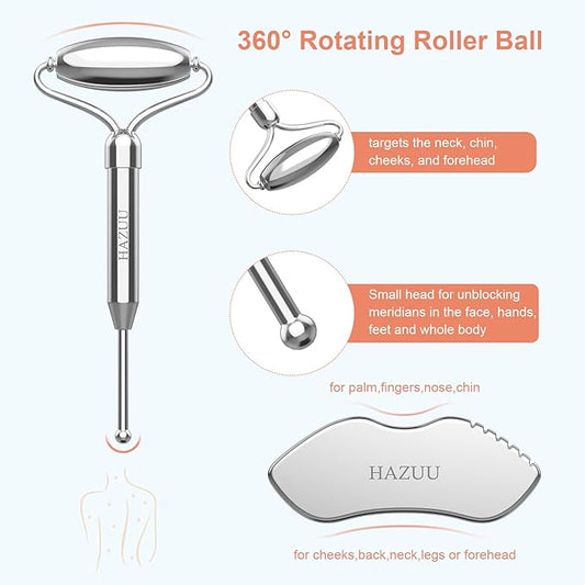 Stainless Steel Gua Sha Face Rollers&Acupuncture Pen - Metal Roller for Eyes & Neck, Anti-Aging Facial Massage Tools, Gua Sha Facial Tool Kit (JGS-2)
