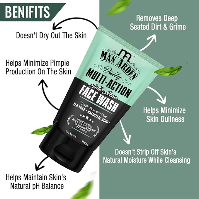 Man Arden Daily Multi-Action Anti Acne Face Wash For Oily Skin | With Power Duo Tea Tree for Acne-Prone Skin, 100 ml