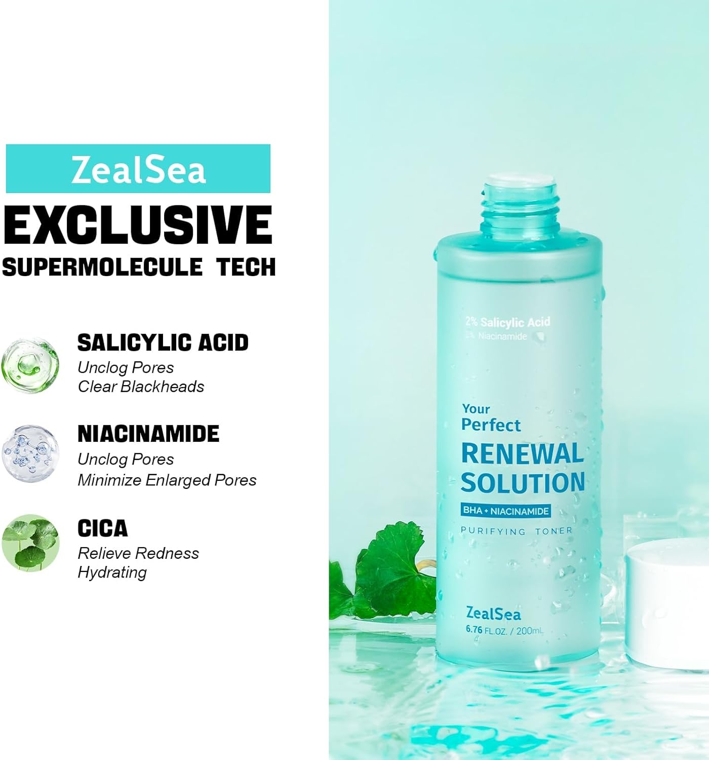 ZealSea 2% Salicylic Acid Toner for Face with 2% Niacinamide - BHA Liquid Exfoliant for Blackheads and Enlarged Pores, Exfoliate for Face to Soothe Breakouts, Exfoliating Toner, 6.76 Fl Oz, Pack of 2